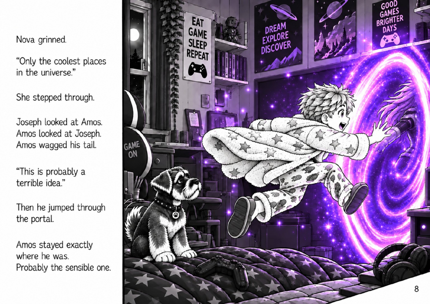 Joseph jumps through Nova's purple portal while Amos stays on the bed.