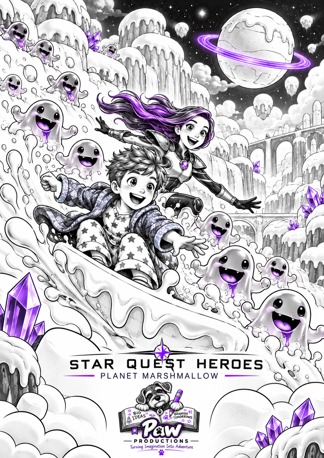 Exclusive Planet Marshmallow poster: Joseph and Nova slide down a marshmallow wave among cheerful jelly creatures and purple crystals.